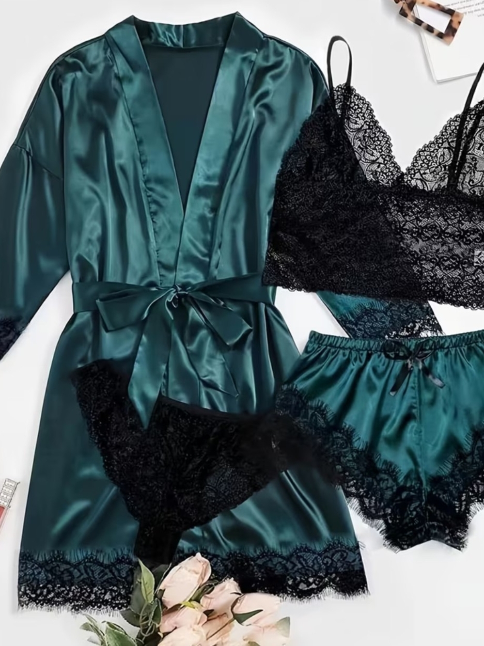 4pc Silky Satin Robe & Lace Sleep Set - Emerald Green